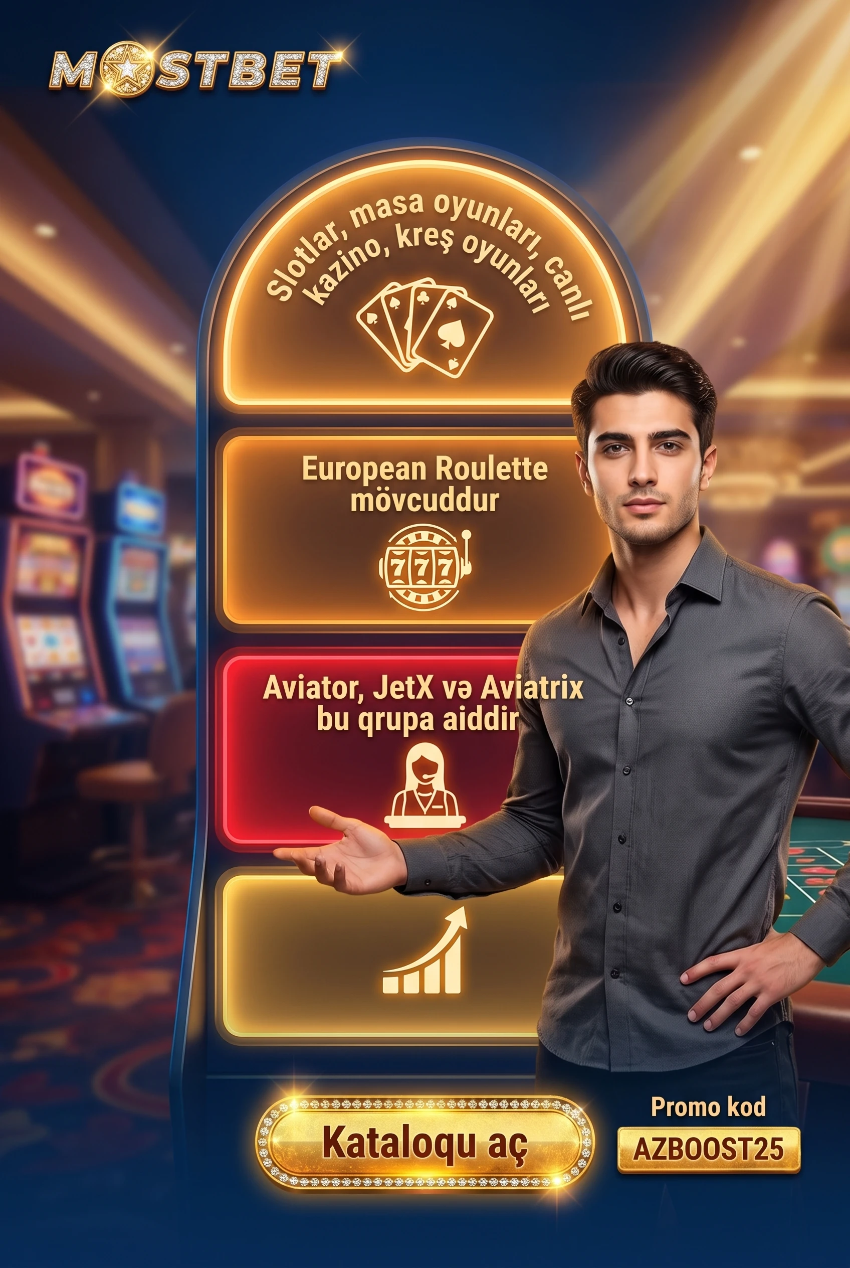 Mostbet kazino kataloqunun dörd bölməsi